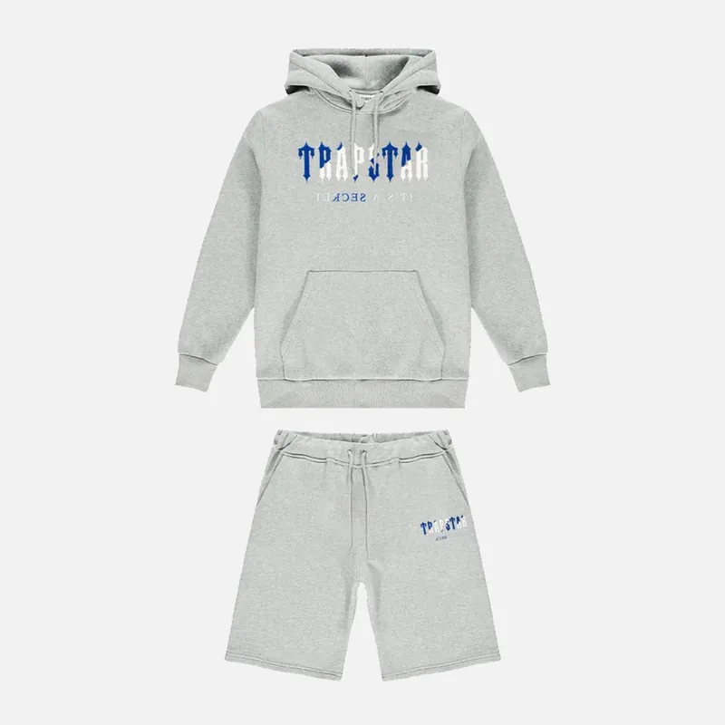 Trapstar Chenille Decoded Hooded Short Set - Grey / Dazzling Blue