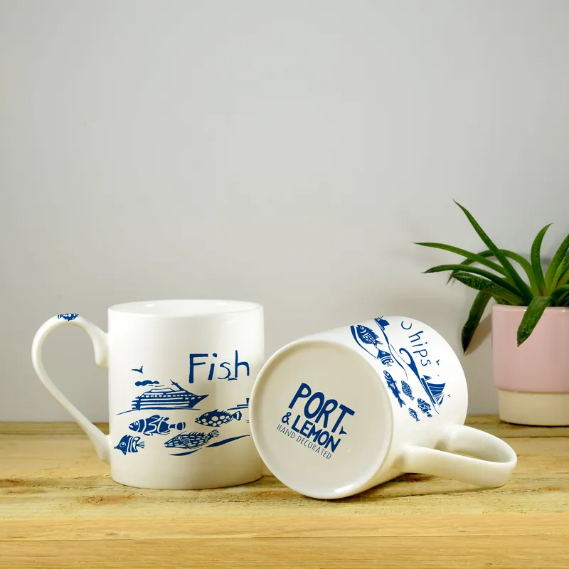 Fish and Ships Hand Decorated Bone China Mug - Port and Lemon