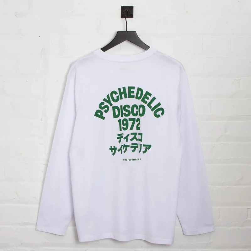 1972 Psychedelic Disco Back Print - Long Sleeve Tshirt - White