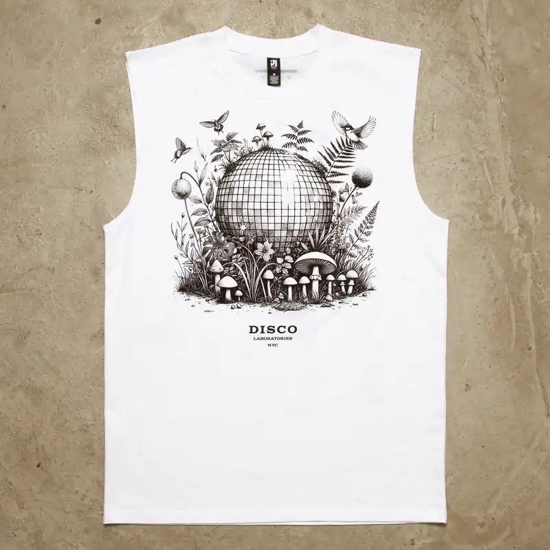 Ecology Disco Labs Front Print - Tank Tshirt - White