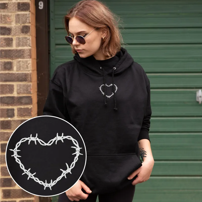 Barbed Wire Heart Embroidered Hoodie (Unisex) - Broken Society UK