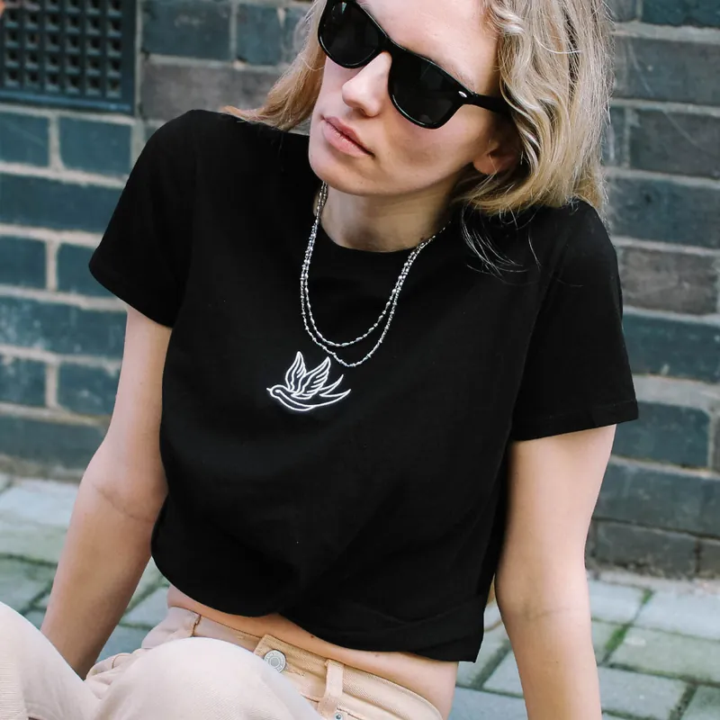Swallow Embroidered Knot Crop T-Shirt
