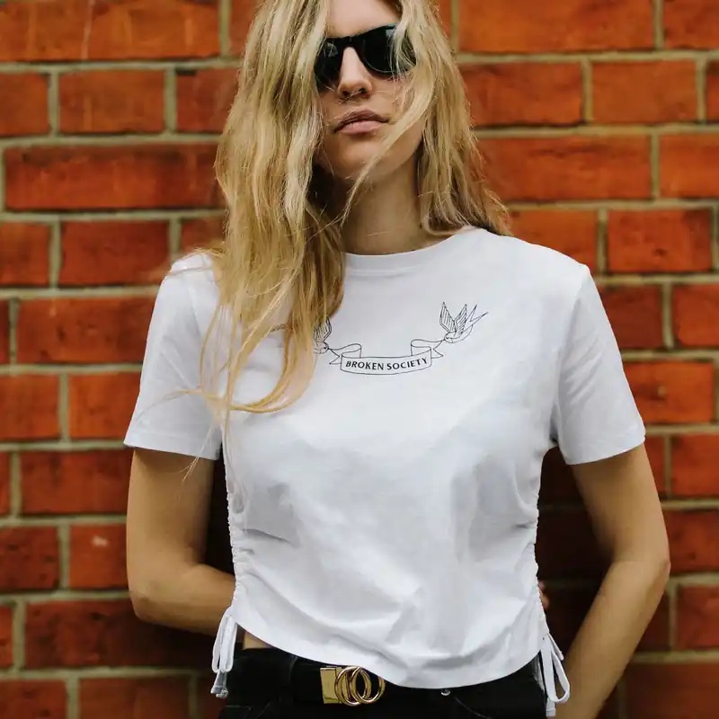 Swallows Ruched Tie Crop T-Shirt