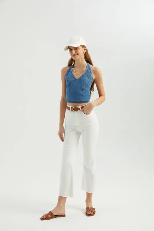 V Neck Denim Halter Tie back Top - Hiccup