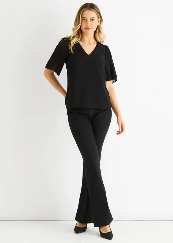 Black Chiffon Pleat Sleeves V Neck Top - Gini London