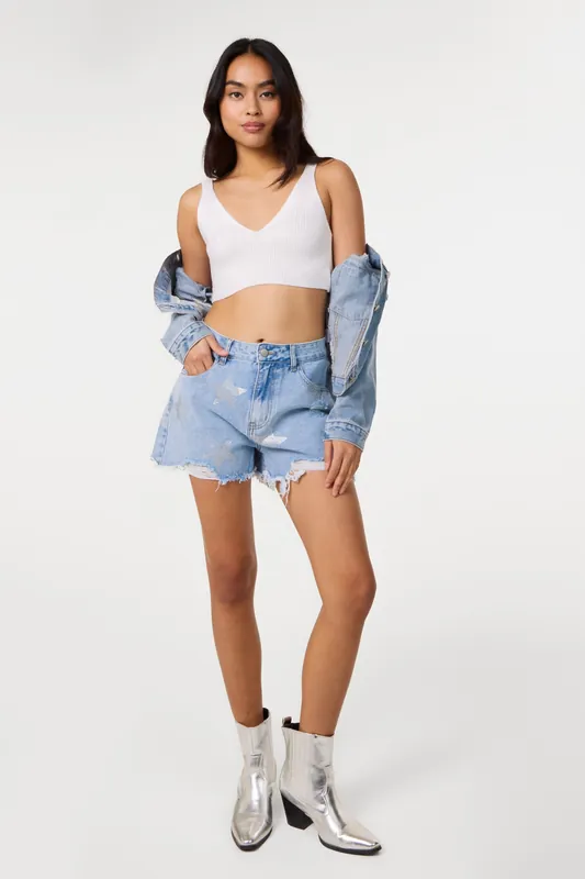 Light Blue Star Embellished Denim Shorts - Pink Vanilla