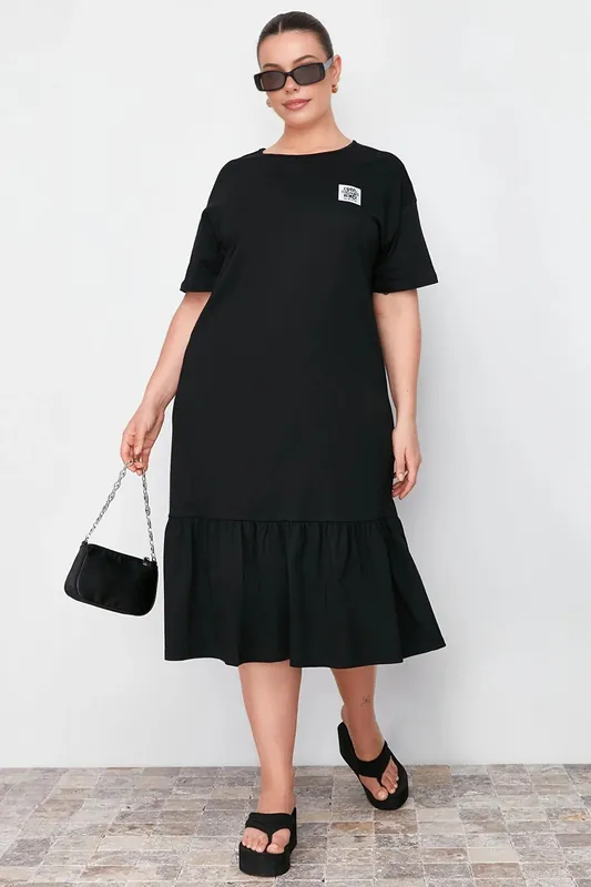 Round Neck Short Sleeve Smock Midi Dress with Ruffle Hem - WOVCOR