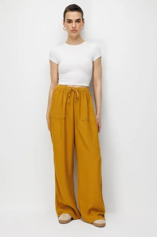 Mid Waist Straight Leg Cotton Pants with Tie Closure - MixRay