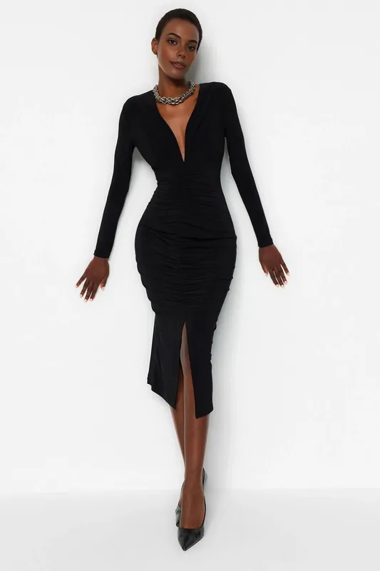 Draped V-Neck Midi Knit Pencil Dress