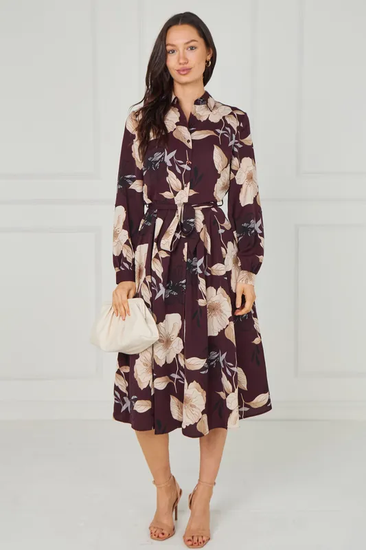 Maroon Floral Print Midi Shirt Dress - Love Sunshine