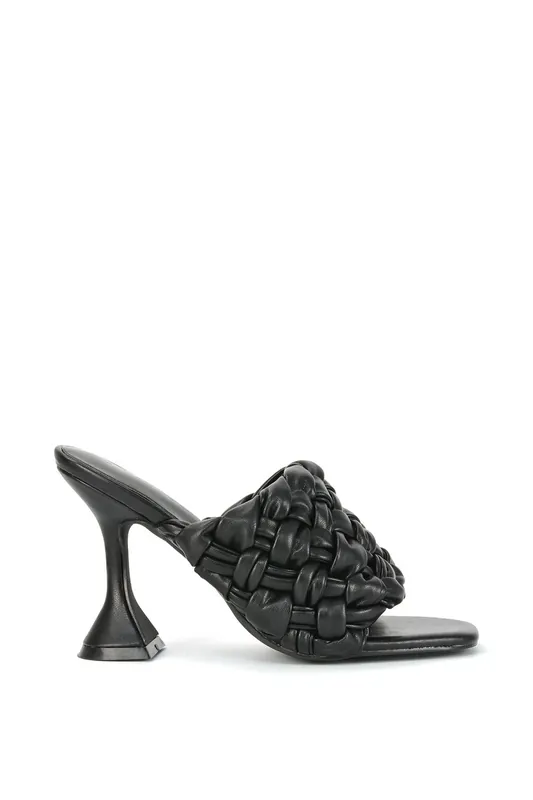 'Jaci' Woven Strap Square Toe Flared High Heel Mules - XY London