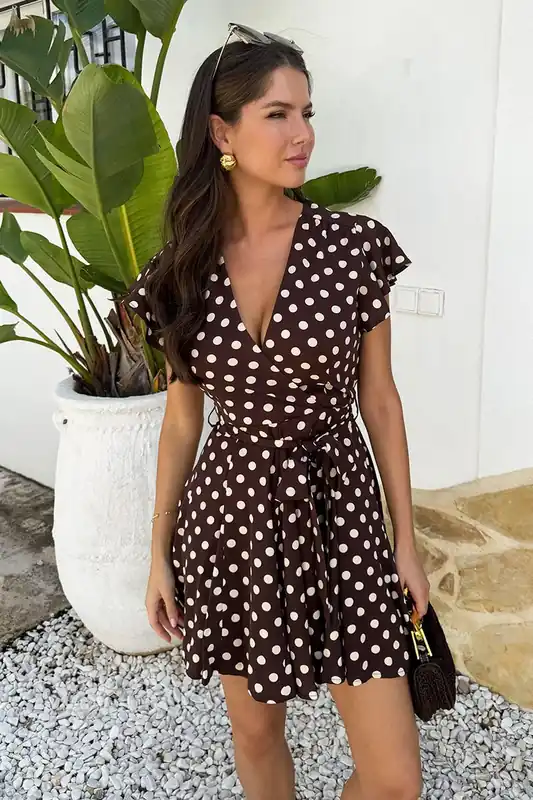 Chocolate Polka Dot Print Wrap Top Skater Mini Dress - AX Paris
