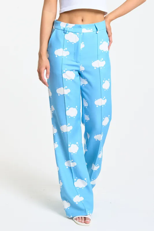 Blue Cloud Print Wide Leg Trousers - Liquorish