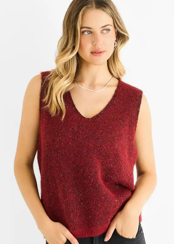 Red Sequin Sparkle V Neck Vest Knit Jumper - Gini London