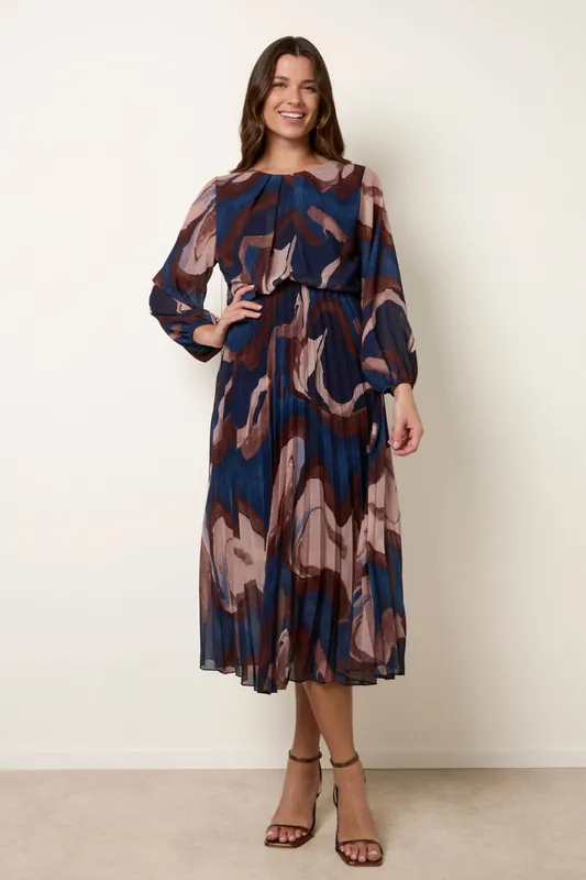 Navy Marble Pleated Dress - Blue Vanilla