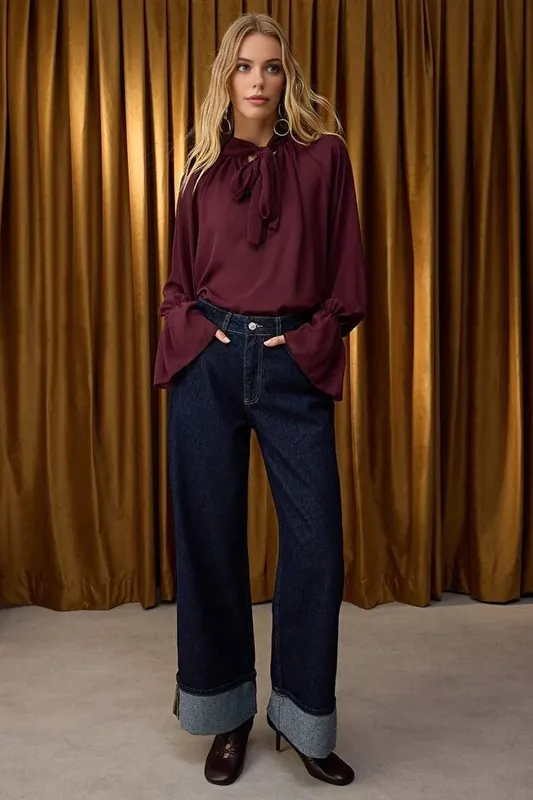 High Waist Folded Hem Wide Leg Jeans - WOVCOR