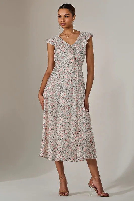 Frill V Neck Midaxi Dress - Jolie Moi