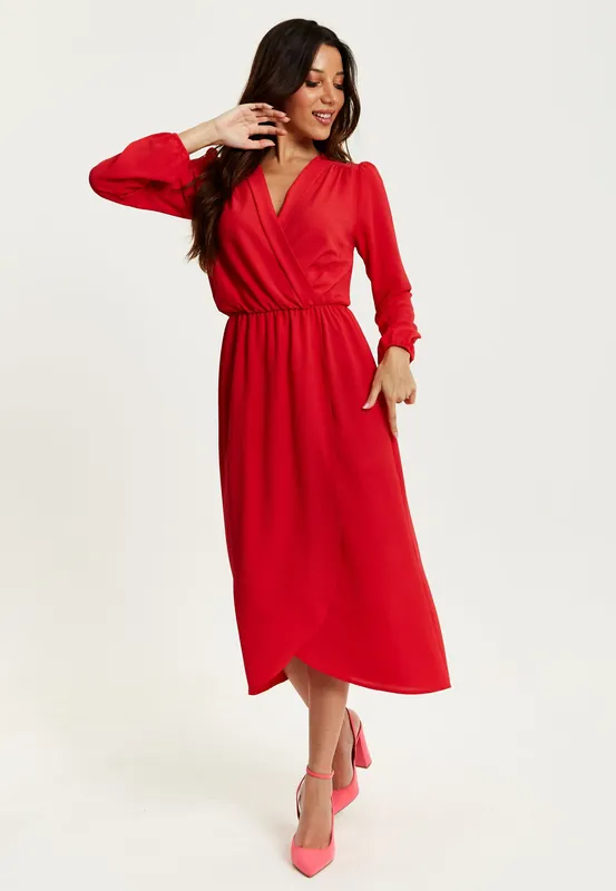 Fake Wrap Midi Dress In Red - Liquorish