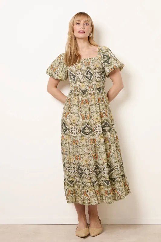 Green Abstract Print Puff Sleeve Midi Dress - Blue Vanilla