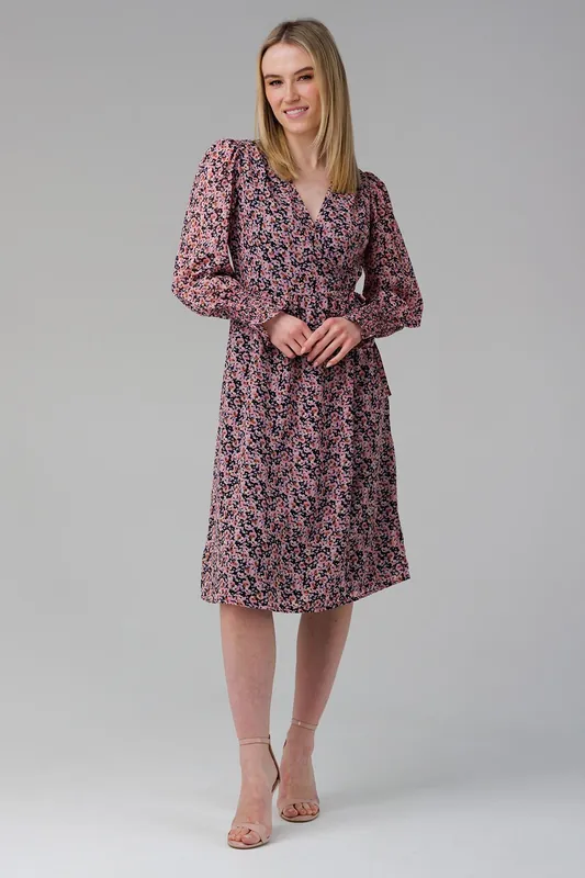 Long Puff Sleeve Midi Wrap Dress - Influence