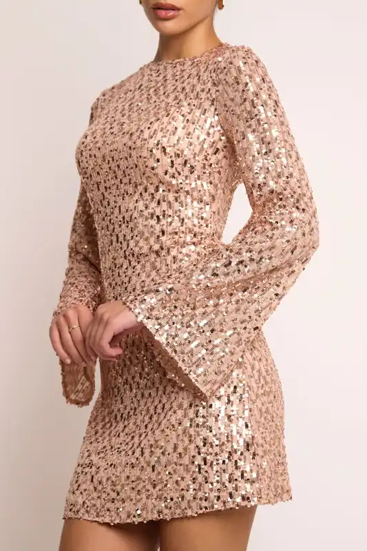 Jina Gold Sequin Long Sleeve Mini Dress - Jaded Rose