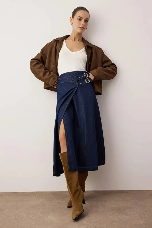 Belted Midi Denim Skirt - WOVCOR