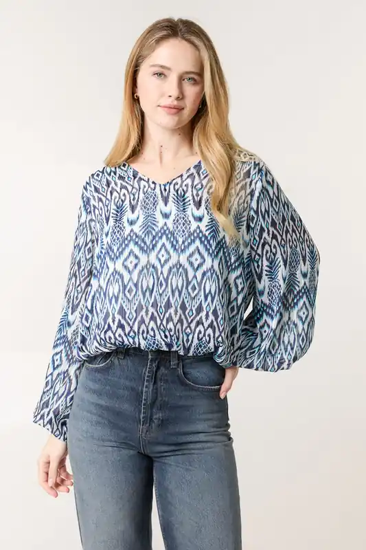 Navy Abstract Printed V Neck Puffball Top - Blue Vanilla