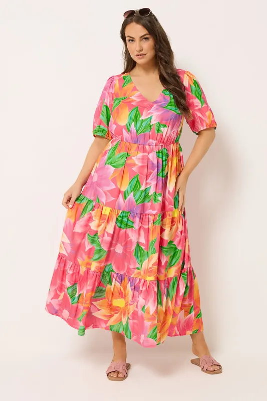 Floral Puff Sleeve Tiered Maxi Dress - Yours