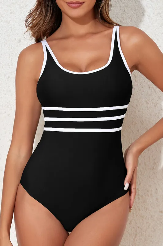 Black Contrast Trim Colorblock U Neck One Piece Swimwear - Everyday The Label