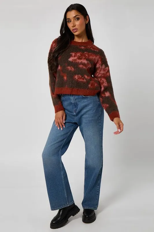 Brown rushed yarn abstract print jumper - Urban Bliss