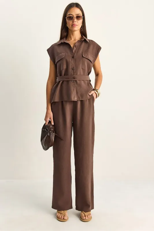 Belted Sleeveless Blouse And Wide-Leg Trousers Set