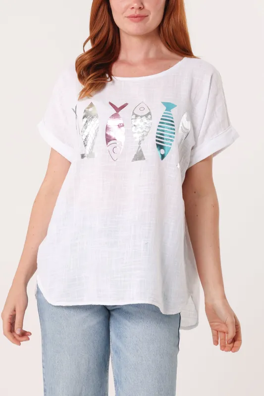 White Fish Iridescent Print Top - Blue Vanilla