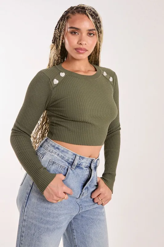 Heart Embellishment Rib Knit Top - Pink Vanilla