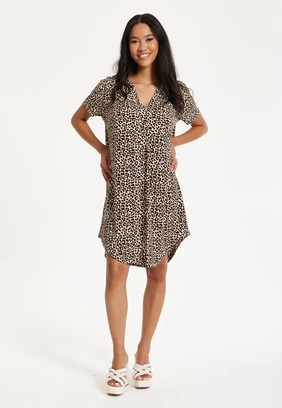 Leopard Print V-Neck Shirt Dress