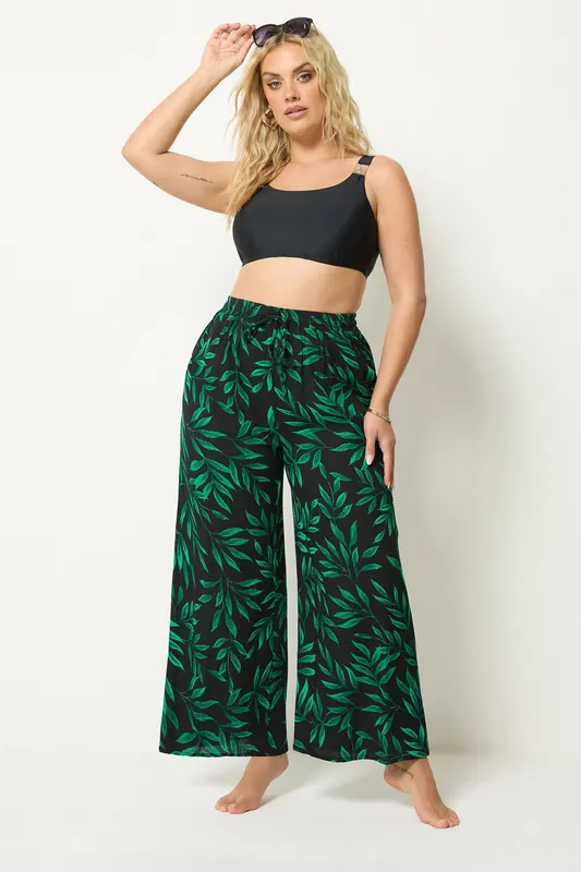 Leaf Print Crinkle Wide Leg Trousers - Yours