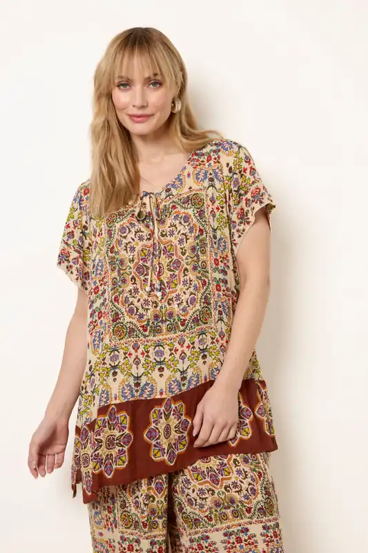 Multi Paisley Print Embellished Tie Front Top - Blue Vanilla