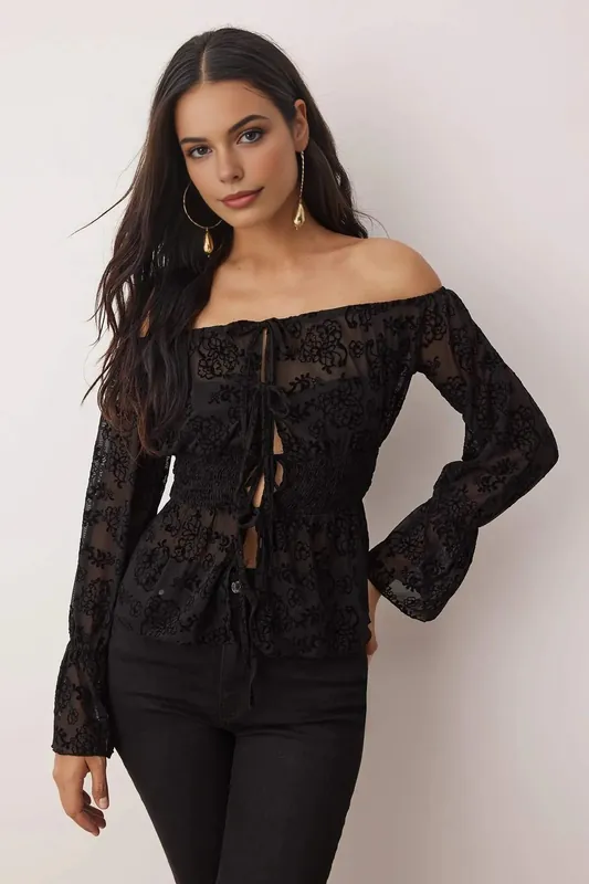 Floral Flock Tulle Tie Front Bardot Party Blouse - WOVCOR