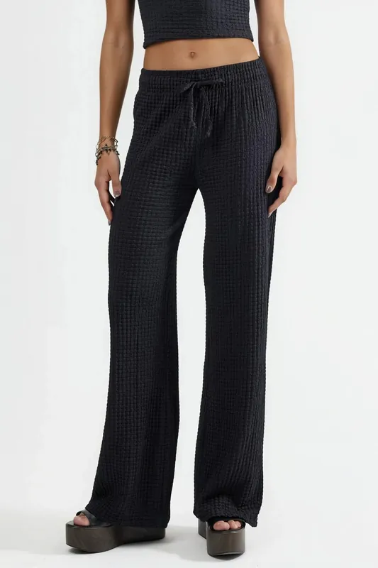Textured Wide Leg Trousers with Drawstring Waist - Busem