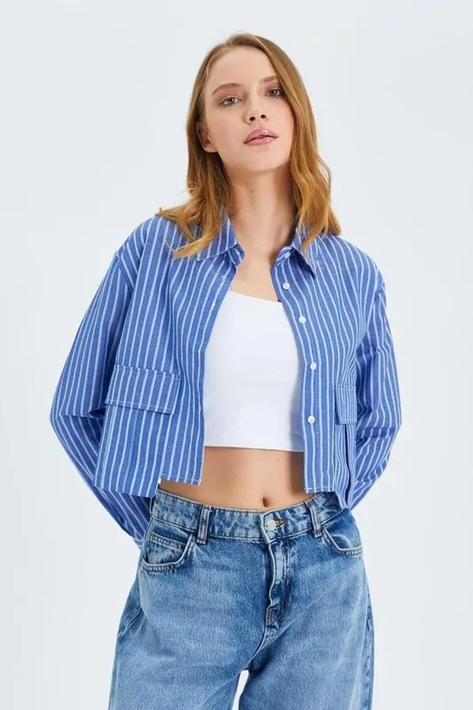 Striped Poplin Crop Shirt with Pocket - MixRay