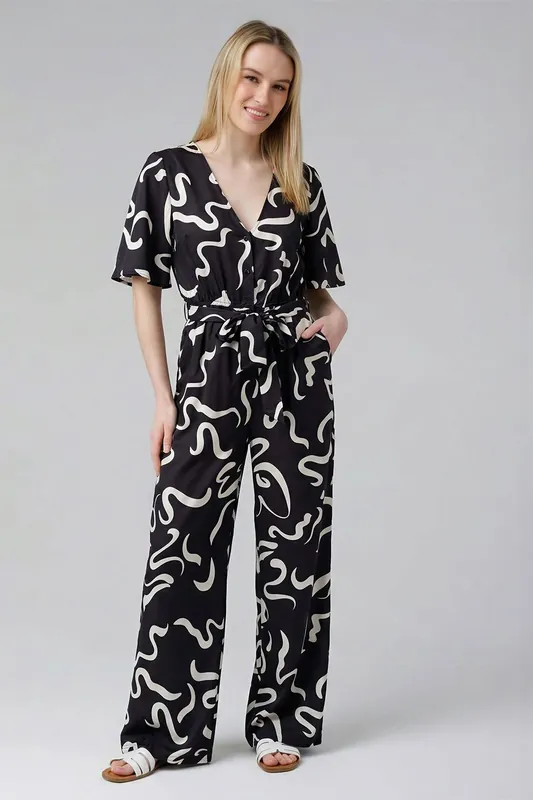 Smudge Print V-Neck Button Tie Fastening Wide-Leg Jumpsuit