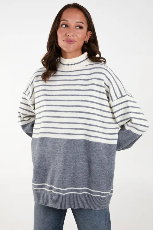 Ivory Mixed Stripe Round Neck Jumper - Blue Vanilla