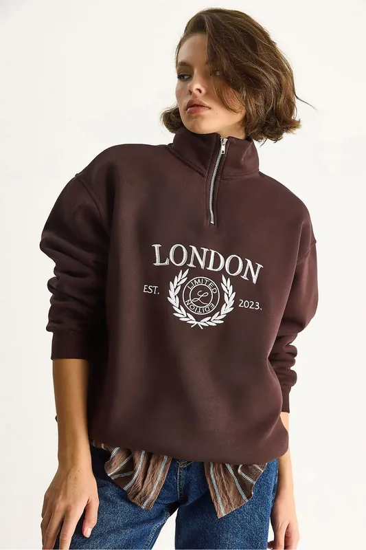 Zipper Collar Printed Relaxed Fit Sweatshirt - Bianco Lucci