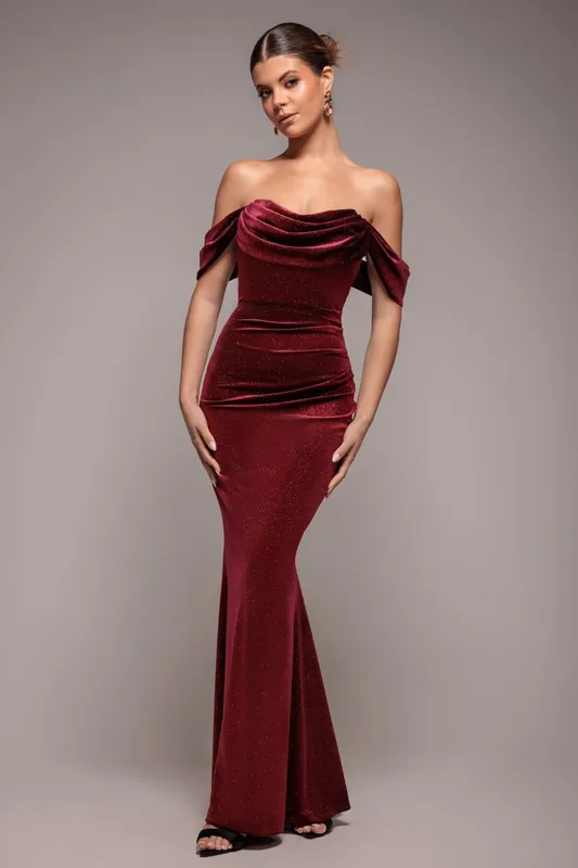 Glitter Velvet Cowl Neck Pleated Waist Maxi Dress - Goddiva