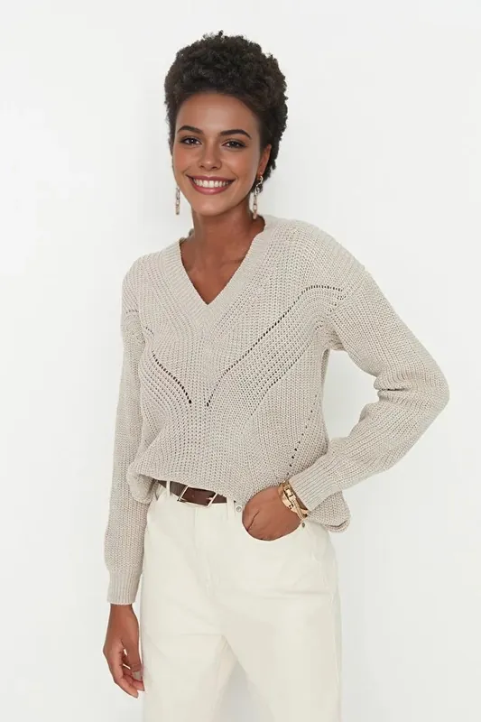 Openwork V Neck Long Sleeve Knit Jumper - WOVCOR