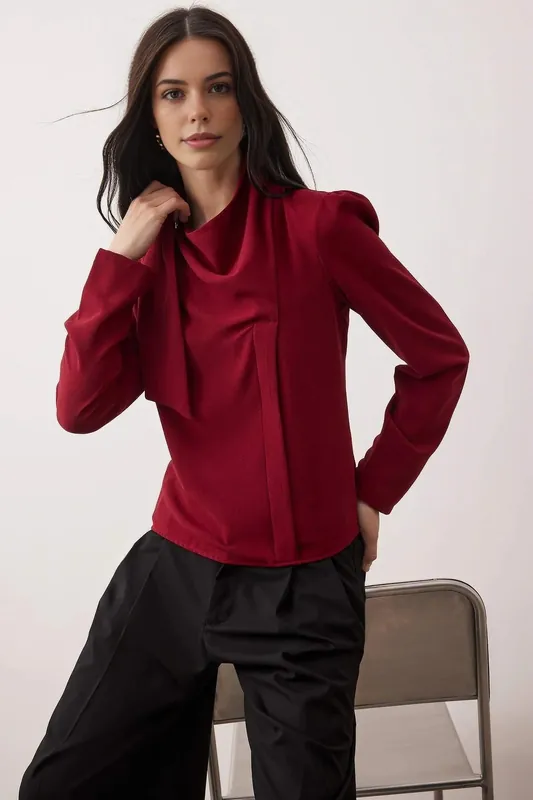 Shawl Detail V-Neck Structured Woven Blouse