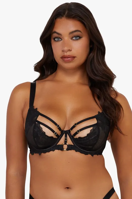 Eleanor Black Strappy Embroidery Balconette Bra - Playful Promises