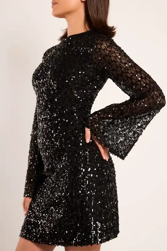 Jina Black Sequin Long Sleeve Mini Dress - Jaded Rose