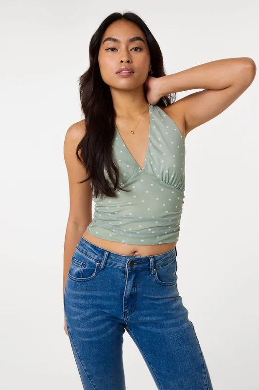 Pale Green Ruched Side Halter Top In Polka Dot - Pink Vanilla