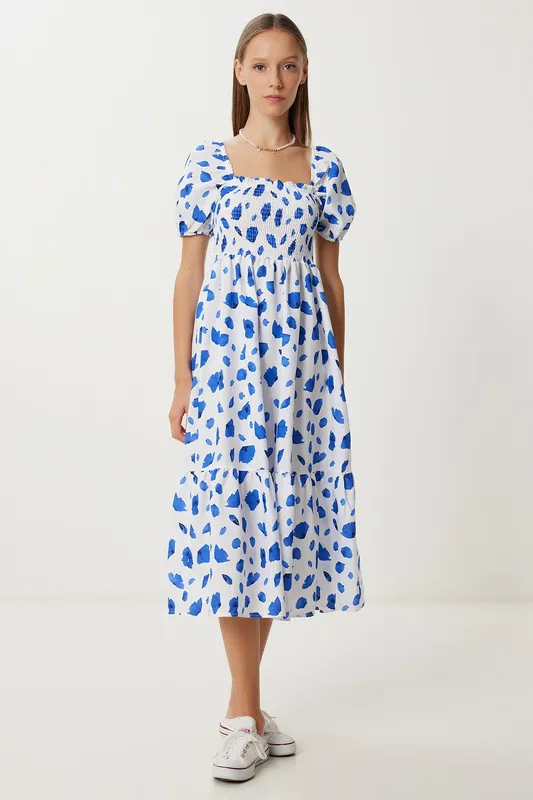 Frilly Abstract Print A-Line Midi Dress with Square Collar