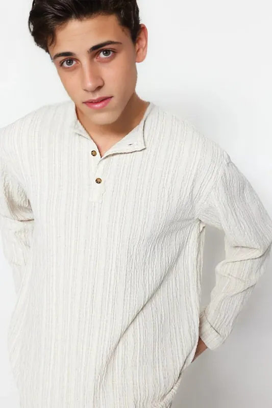Men’s Relaxed Fit Textured Linen Blend Henley Shirt - WOVCOR